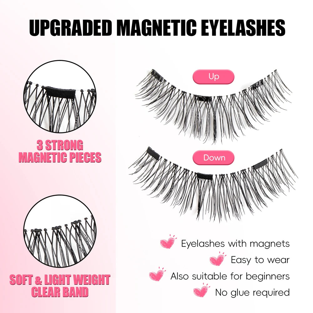 2Pairs Reusable Magnetic Lashes with Magnets Tweezer No Glue Needed D Magnetic Eyelash 3-Step Press on False Eyelash